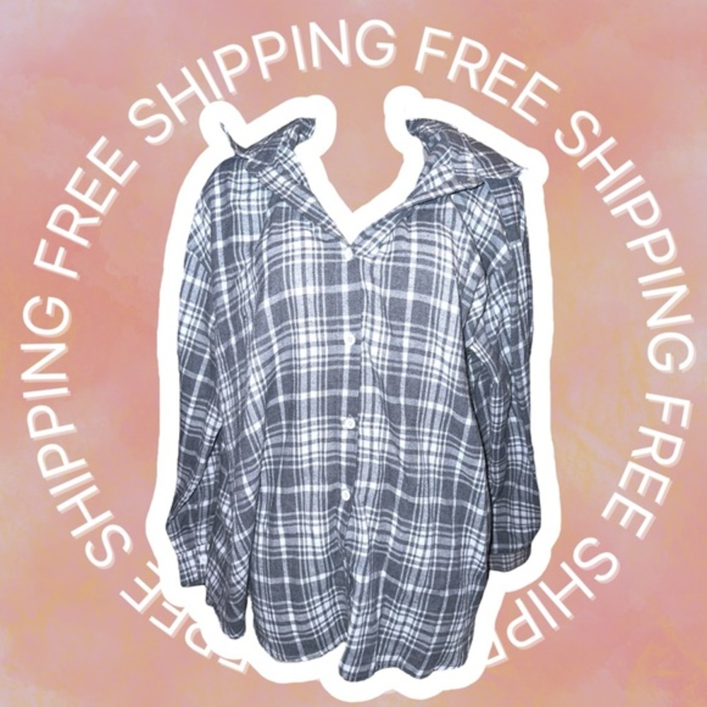 [FREE SHIPPING] SHEIN Gray/White Plaid Button Front Overshirt